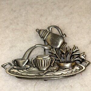 Brooch "JJ" Jonette Jewelry pewter pin depicting an afternoon tea scene Vintage
